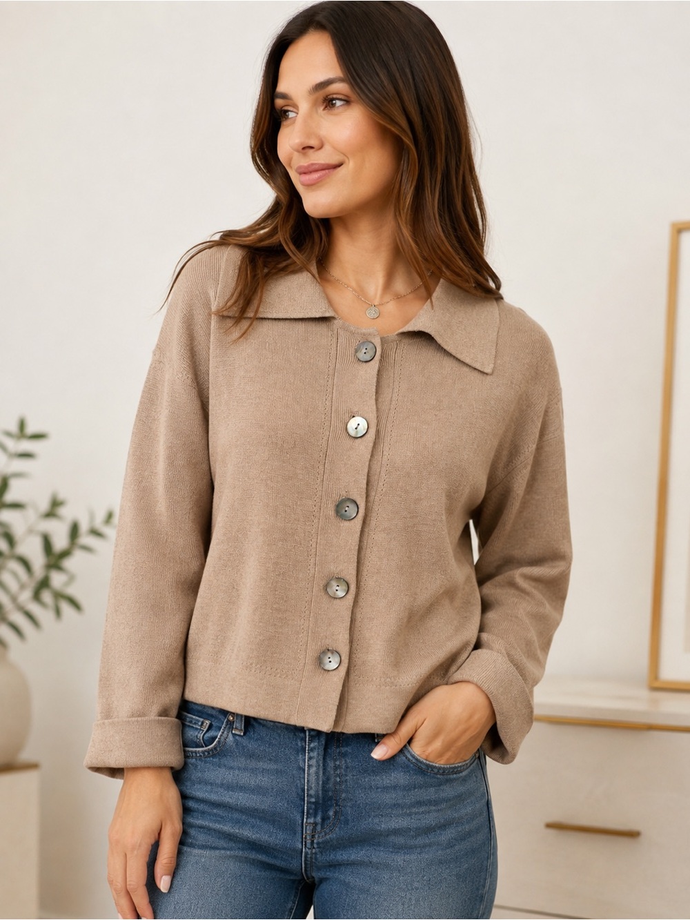 Wispr Beige Taupe Collared Button
Front Knit Cardigan Sweater Size XS